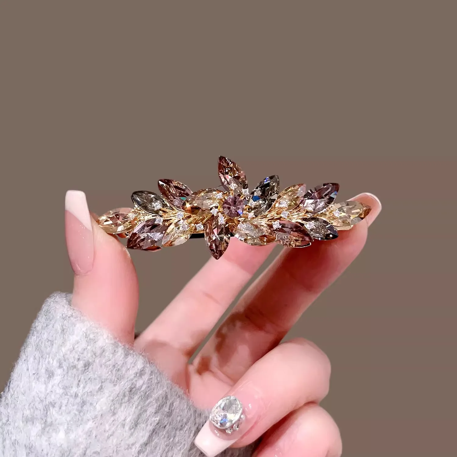 Korean Style Elegant Crystal Leaf Hair Clip, Shiny Rhinestone Barrette Fashion Hairpin for Women, Daily & Party Hair Accessories