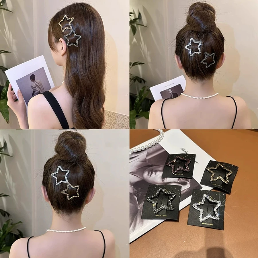 2 Rhinestone Star-Shaped Hair Clips, Side Clips for Bangs at the Back of the Head, Simple Star-Shaped Hairpins for Women, Gift Suitable for Eld, Ramadan Holiday Gift