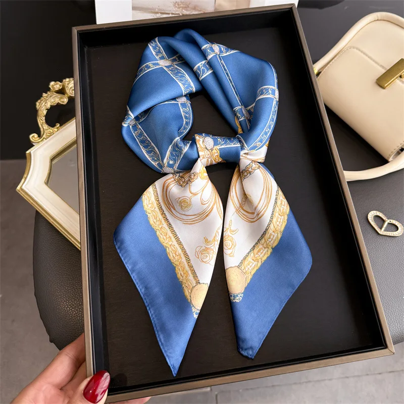 Blue Classic Chain Print Square Silk Scarf Women Casual Elegant Thin Kerchief 70cm Neck Women Windproof Head Wrap Hair Scarves