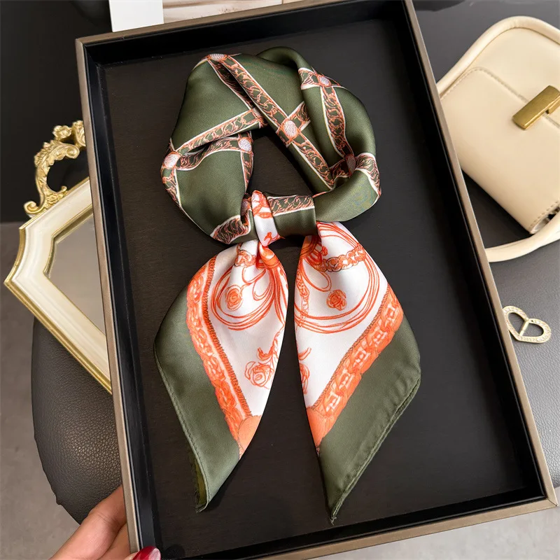 Blue Classic Chain Print Square Silk Scarf Women Casual Elegant Thin Kerchief 70cm Neck Women Windproof Head Wrap Hair Scarves