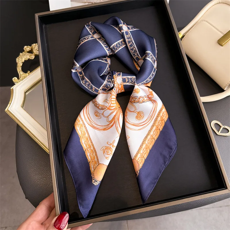 Blue Classic Chain Print Square Silk Scarf Women Casual Elegant Thin Kerchief 70cm Neck Women Windproof Head Wrap Hair Scarves