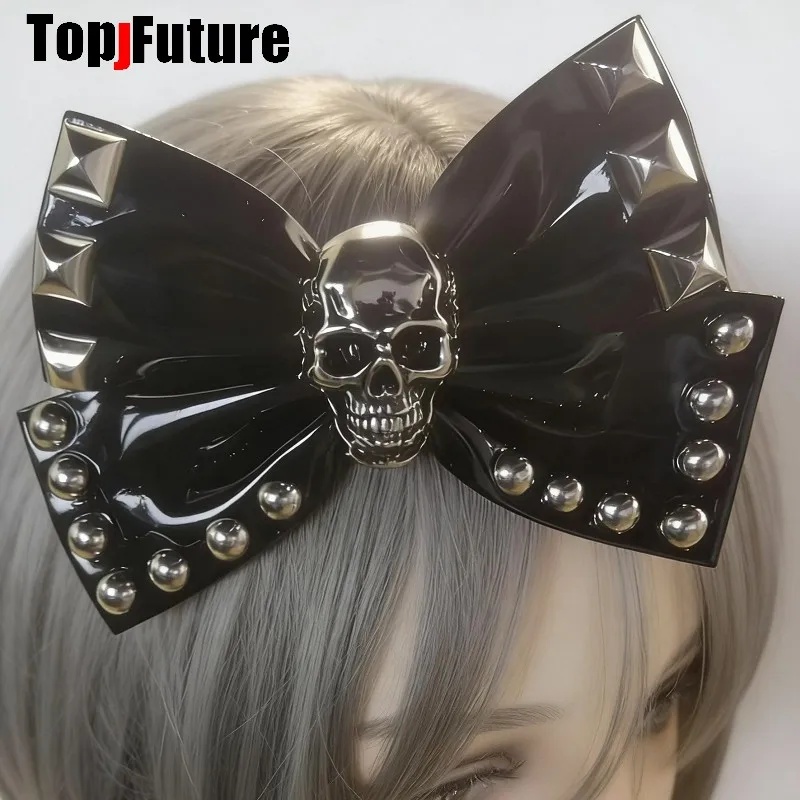Steampunk Y2K Girl Mars Gal Harajuku Street Goth Subculture PU Leather Skull Rivet Lolita Women Bow Hair Clip Top Hairpin