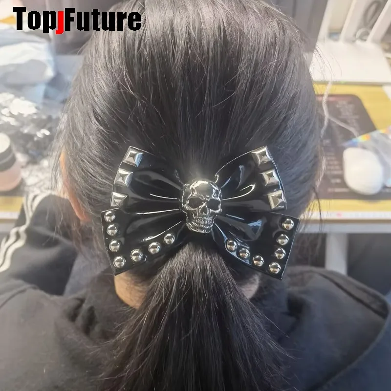 Steampunk Y2K Girl Mars Gal Harajuku Street Goth Subculture PU Leather Skull Rivet Lolita Women Bow Hair Clip Top Hairpin