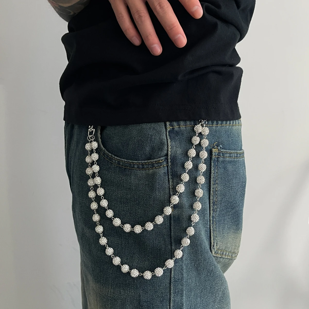Hip Hop Rock Rhinestone Wallet Chain for Men Trendy Hipster Keychain Waist Chain Cool Daily Outfit Jewelry Decor Jeans Chain