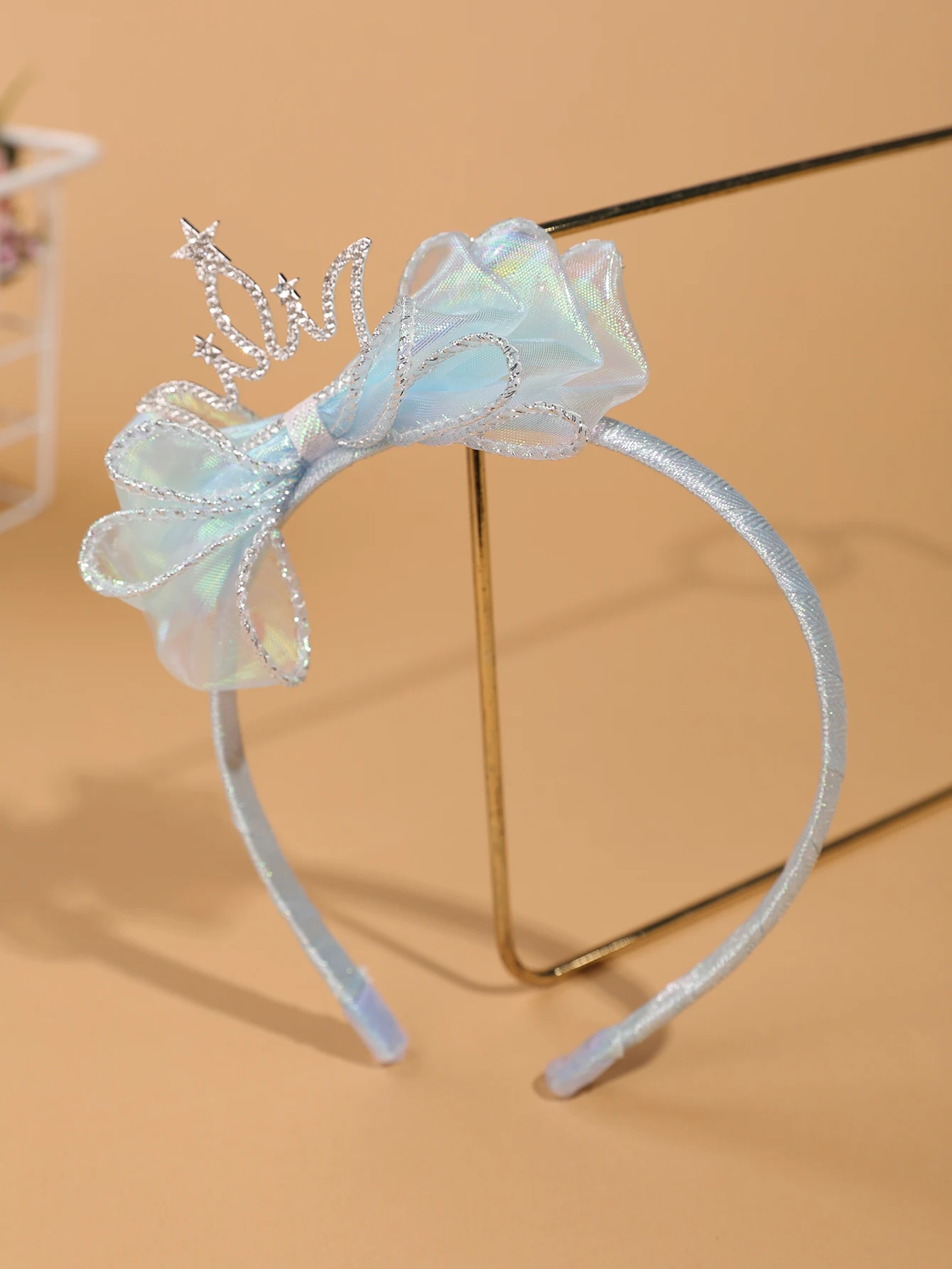 Fashionable and Simple Children's Crown Hairband - Glowing Blue Tulle Bow Hairband - Girls' Stage Performance / Formal Dress Accessory