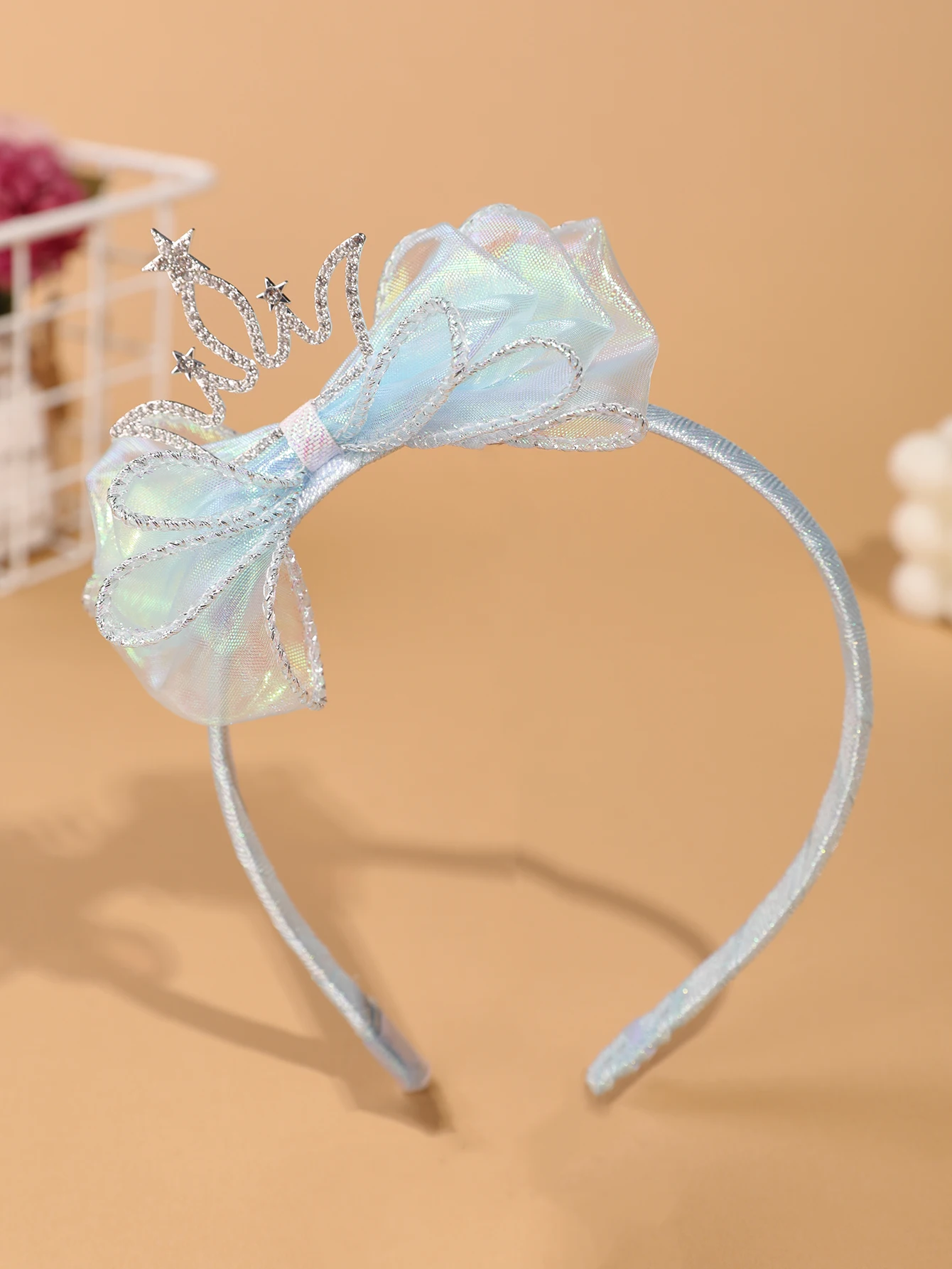 Fashionable and Simple Children's Crown Hairband - Glowing Blue Tulle Bow Hairband - Girls' Stage Performance / Formal Dress Accessory