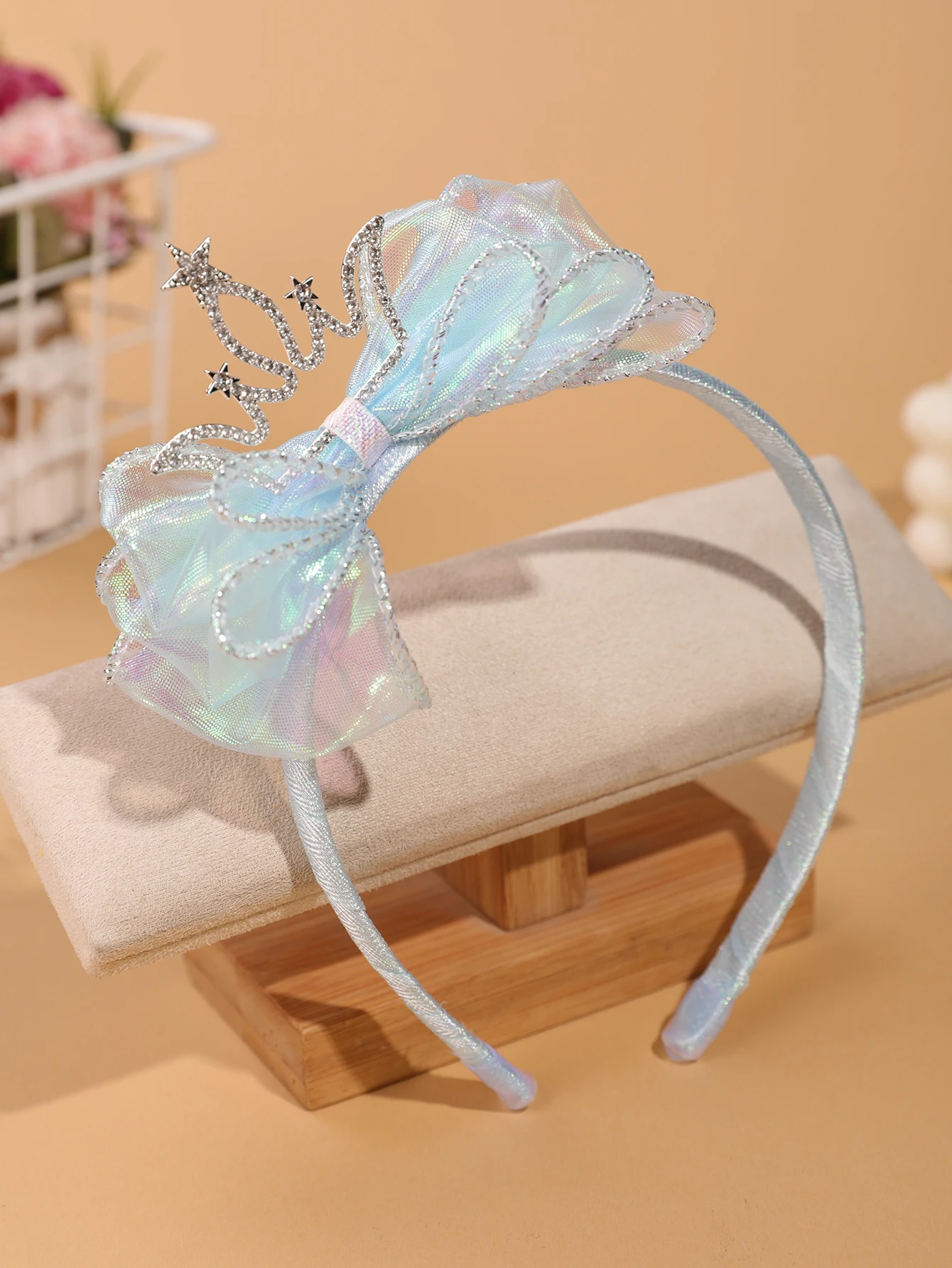 Fashionable and Simple Children's Crown Hairband - Glowing Blue Tulle Bow Hairband - Girls' Stage Performance / Formal Dress Accessory