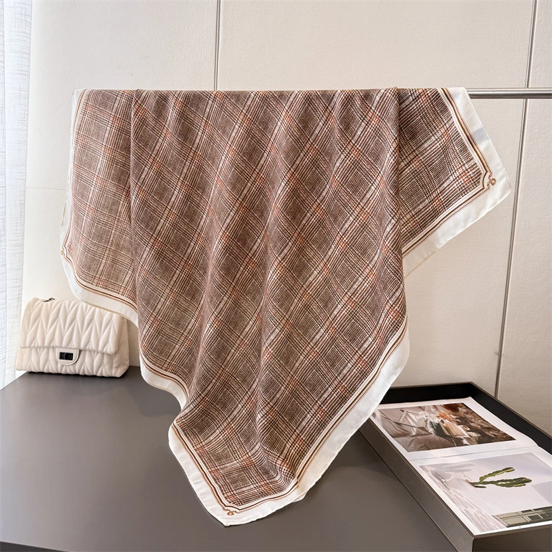 90*90Cm Square Scarf Cotton Linen Feeling Women Head Shawl Wraps Luxury Hairband Stripe Print Neck Scarves Hijab Bandana Pareo