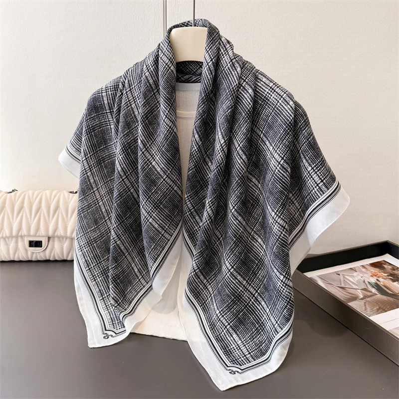 90*90Cm Square Scarf Cotton Linen Feeling Women Head Shawl Wraps Luxury Hairband Stripe Print Neck Scarves Hijab Bandana Pareo