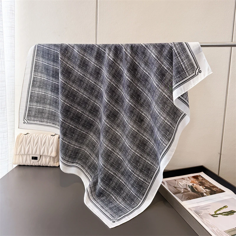 90*90Cm Square Scarf Cotton Linen Feeling Women Head Shawl Wraps Luxury Hairband Stripe Print Neck Scarves Hijab Bandana Pareo