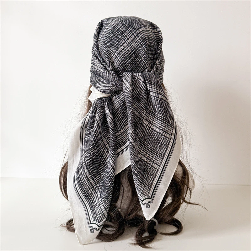 90*90Cm Square Scarf Cotton Linen Feeling Women Head Shawl Wraps Luxury Hairband Stripe Print Neck Scarves Hijab Bandana Pareo
