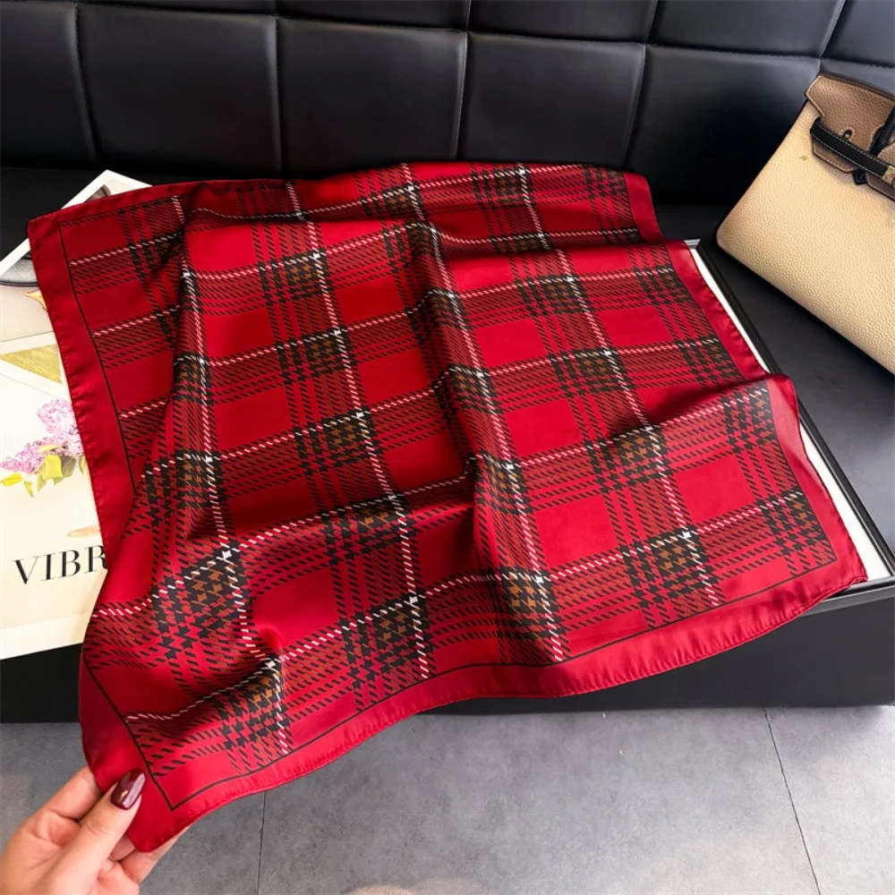 Women Square Scarf Silk Feeling Neckerchief Plaid Print Foulard Hairband Lady Ribbon Spring New Shawls Wraps