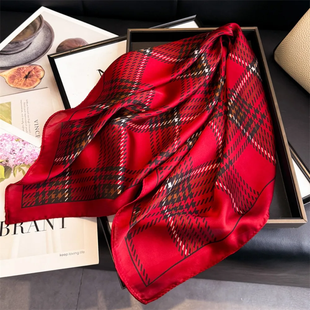 Women Square Scarf Silk Feeling Neckerchief Plaid Print Foulard Hairband Lady Ribbon Spring New Shawls Wraps