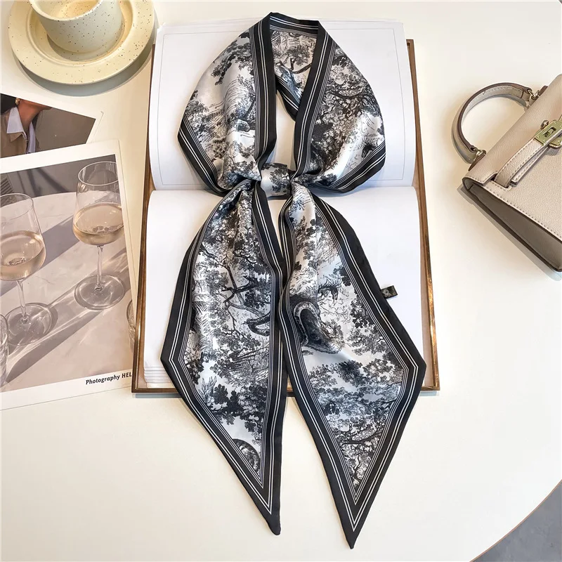 Luxury Long Neckerchief Skinny Hair Bands Women Silk Scarfs Fashion Headbands Bag Scarves Print Hairband Neck Scarf For Ladies