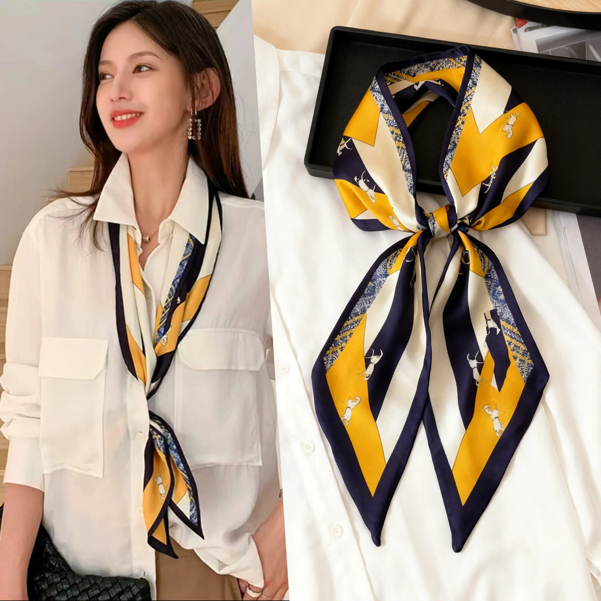 Luxury Long Neckerchief Skinny Hair Bands Women Silk Scarfs Fashion Headbands Bag Scarves Print Hairband Neck Scarf For Ladies