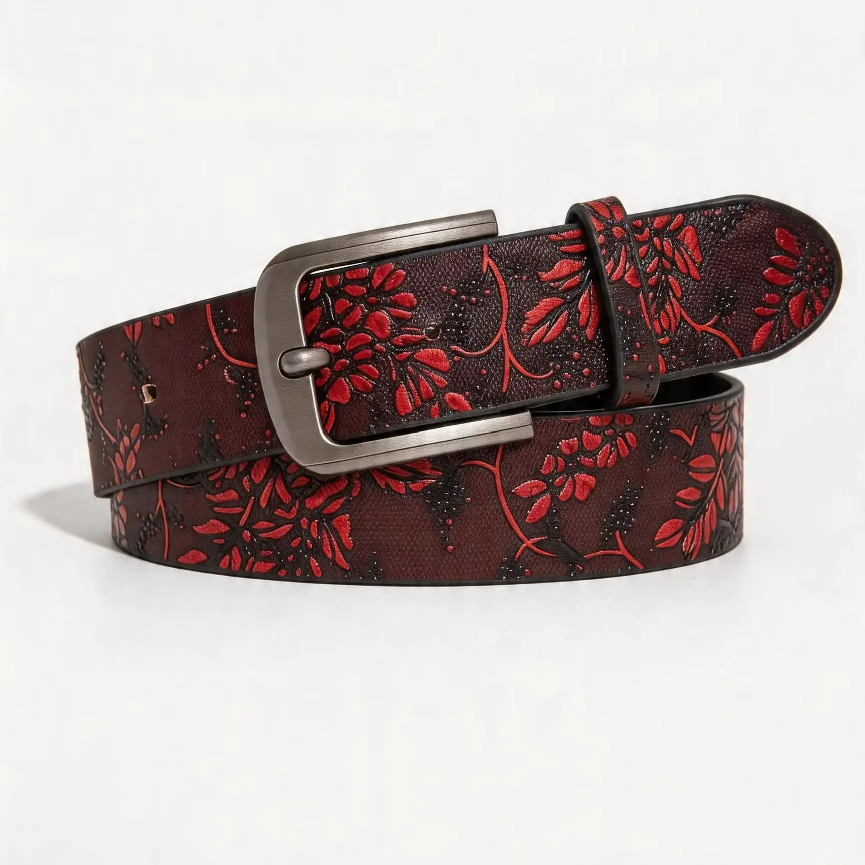 1pc women's vintage burgundy floral embossed belt, a versatile belt for dresses and jeans, suitable for everyday commuting