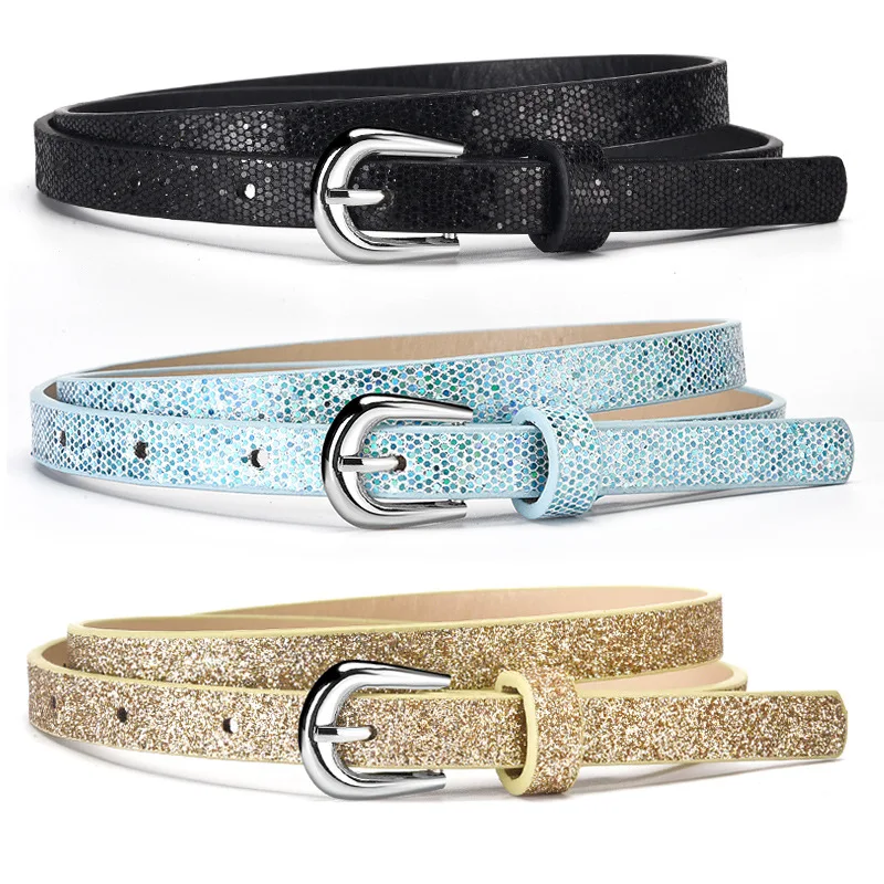 Fashion Sequin-Embellished Fine-Pin Buckle PU Belt: Women's High-End, Trendy Denim Over-the-Knee Belt Clothing Accessory
