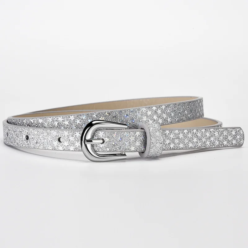 Fashion Sequin-Embellished Fine-Pin Buckle PU Belt: Women's High-End, Trendy Denim Over-the-Knee Belt Clothing Accessory