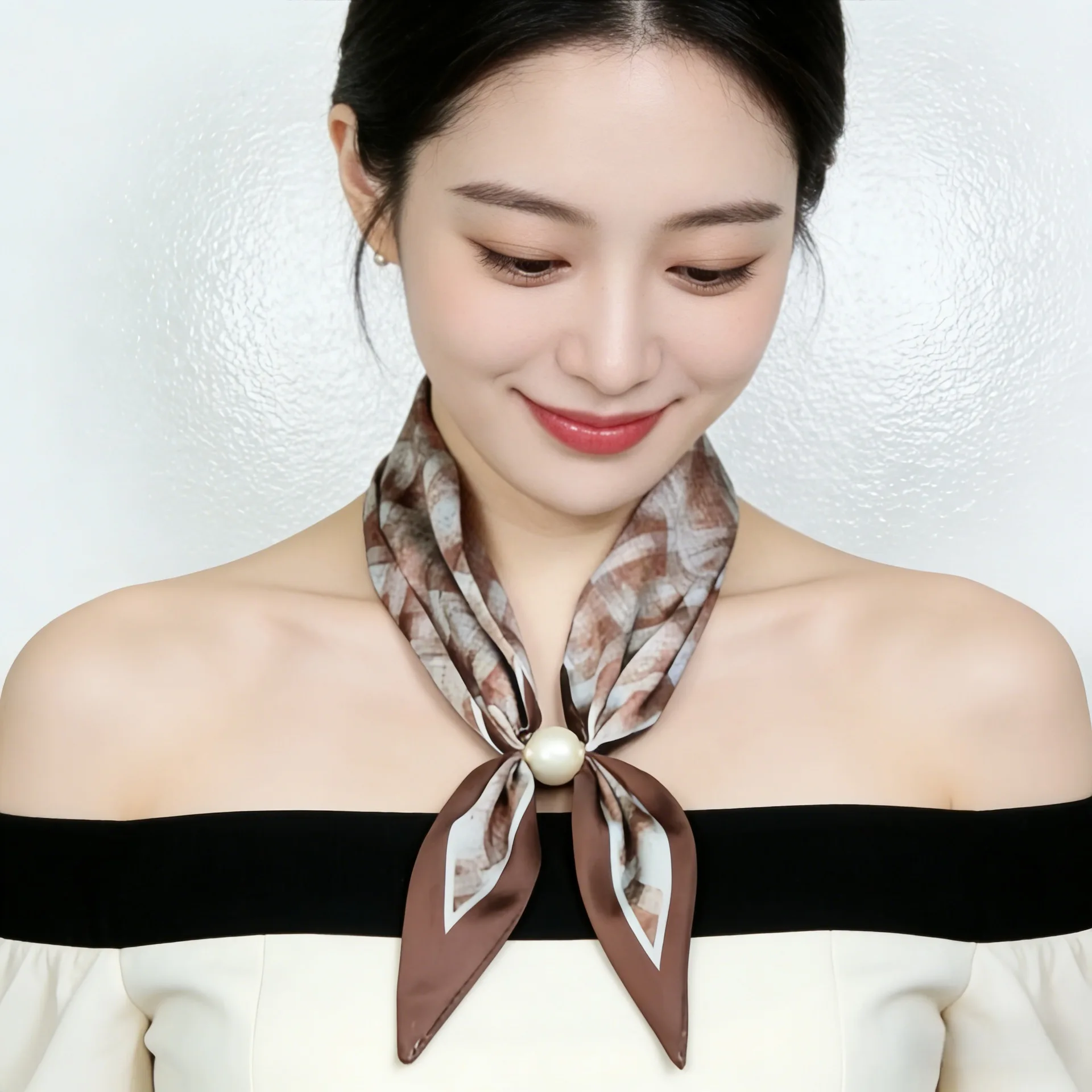 Luxury Design Magnetic Button Summer Silk Scarf Women Magnetic Pearl Necklace Scarves High End Matching Shirt Scarves Ladies