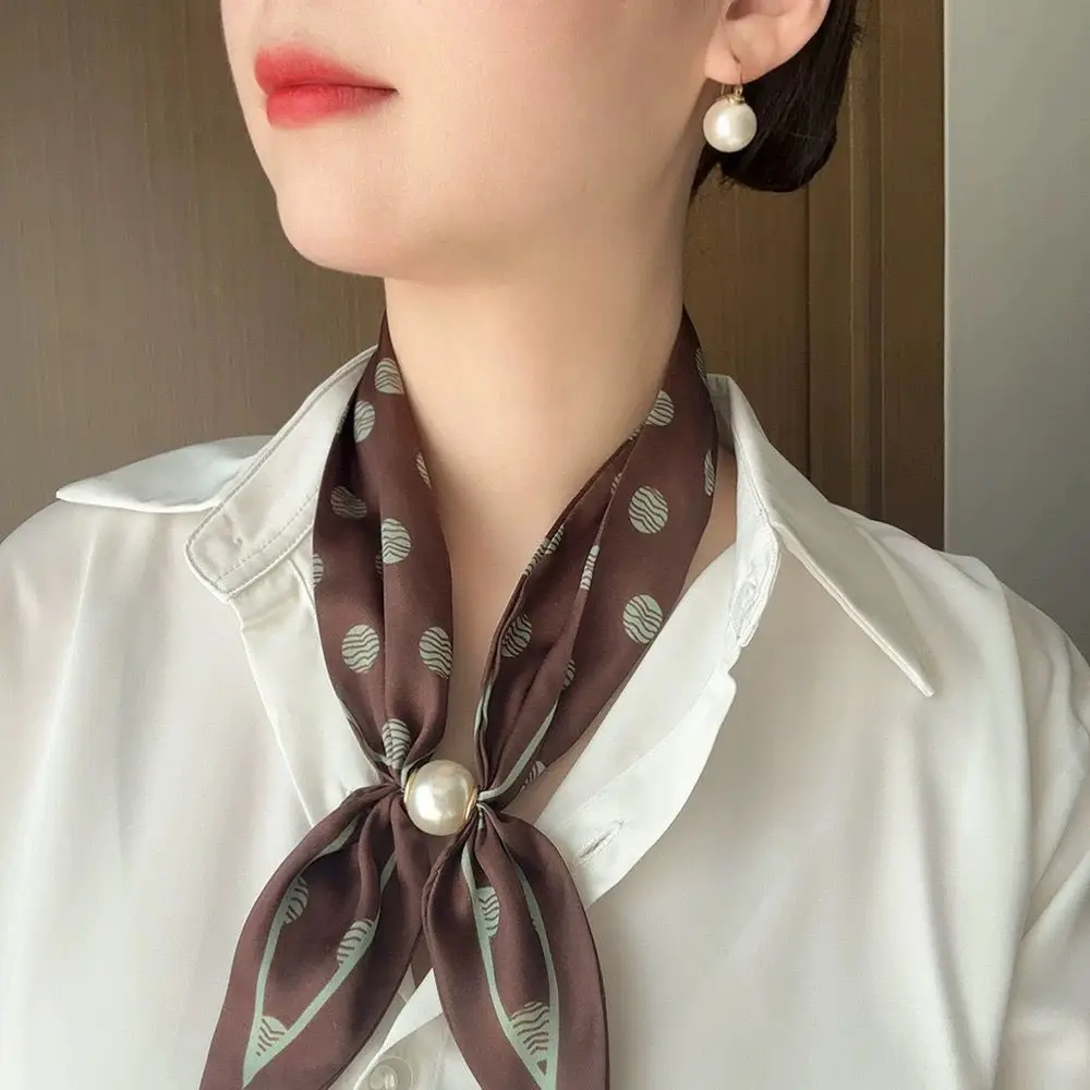 Luxury Design Magnetic Button Summer Silk Scarf Women Magnetic Pearl Necklace Scarves High End Matching Shirt Scarves Ladies