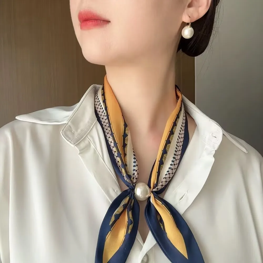 Luxury Design Magnetic Button Summer Silk Scarf Women Magnetic Pearl Necklace Scarves High End Matching Shirt Scarves Ladies