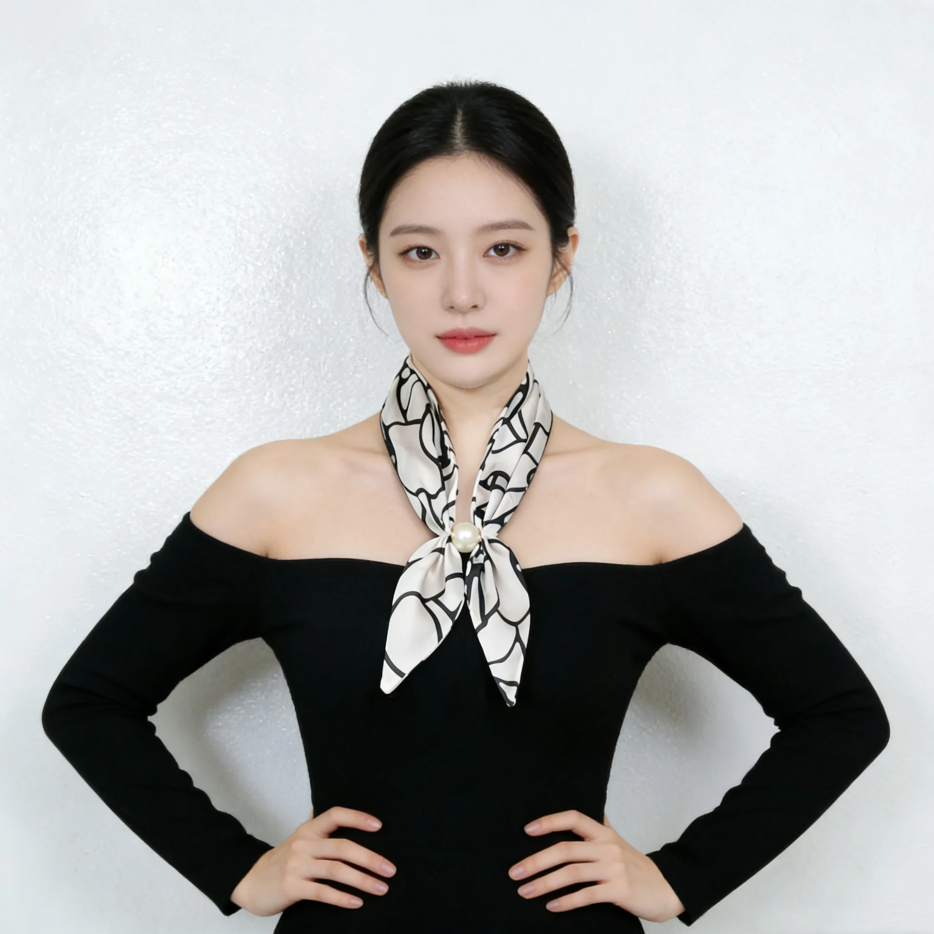 Luxury Design Magnetic Button Summer Silk Scarf Women Magnetic Pearl Necklace Scarves High End Matching Shirt Scarves Ladies