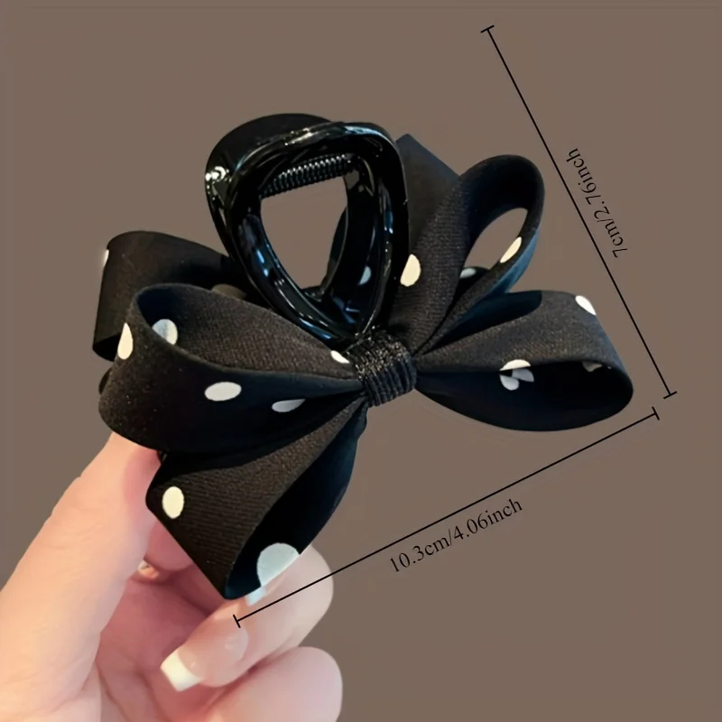 A Fabric Hair Clip with Black and White Polka Dots, New Exquisite Bowknot Shark Clip for Women, Suitable for Dates and Everyday Outfits