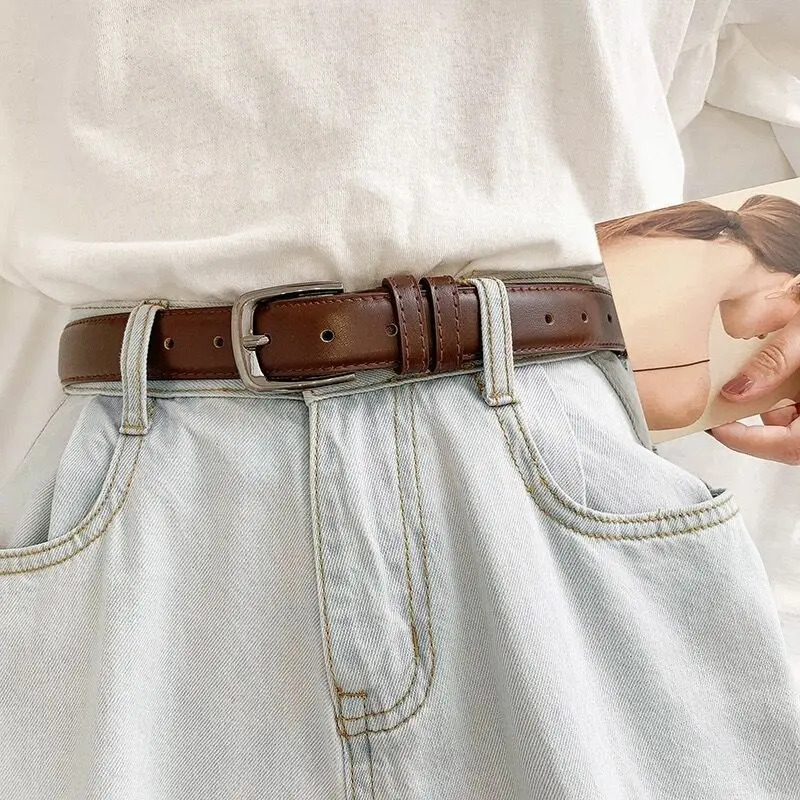 Fashionable Korean-Style Casual Leather Belt Versatile Minimalist Slim-Fit Belt for Wome Retro Everyday Dresses School Uniforms