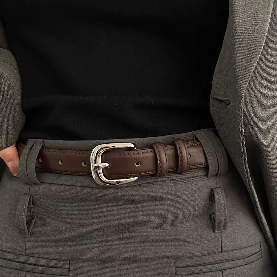 Fashionable Korean-Style Casual Leather Belt Versatile Minimalist Slim-Fit Belt for Wome Retro Everyday Dresses School Uniforms