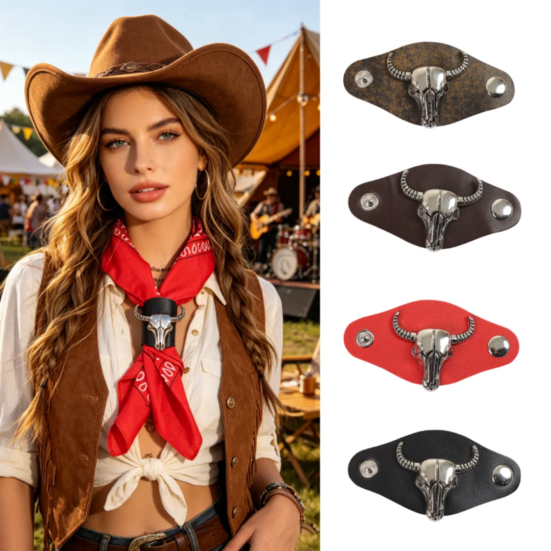 Western style cow head square scarf buckle retro metal denim square scarf clip unisex PU leather scarf buckle belt