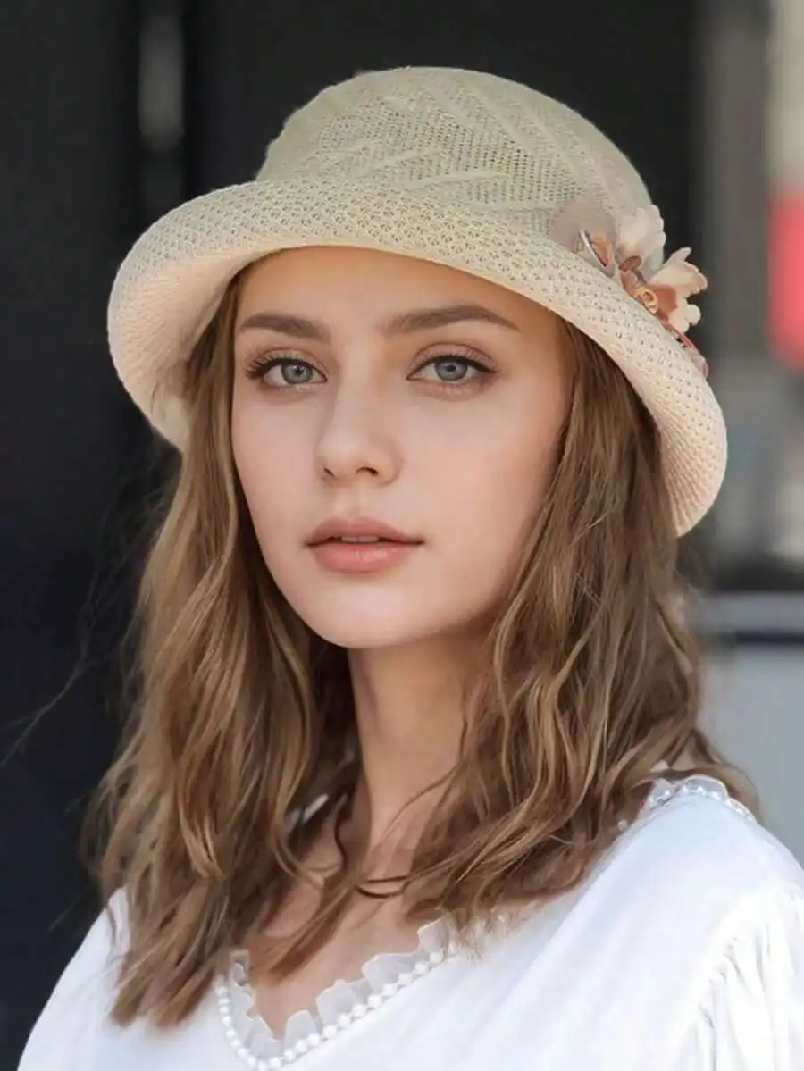 Women's Elegant Retro 3D Floral Decor Rolled Brim Straw Hat Lightweight Hollow Crochet Bucket Hat Sun Protection Hat