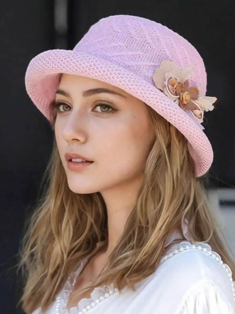 Women's Elegant Retro 3D Floral Decor Rolled Brim Straw Hat Lightweight Hollow Crochet Bucket Hat Sun Protection Hat