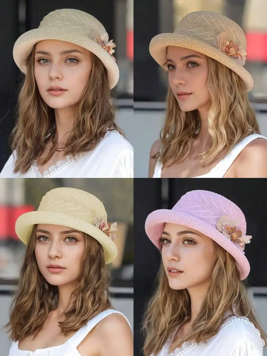 Women's Elegant Retro 3D Floral Decor Rolled Brim Straw Hat Lightweight Hollow Crochet Bucket Hat Sun Protection Hat