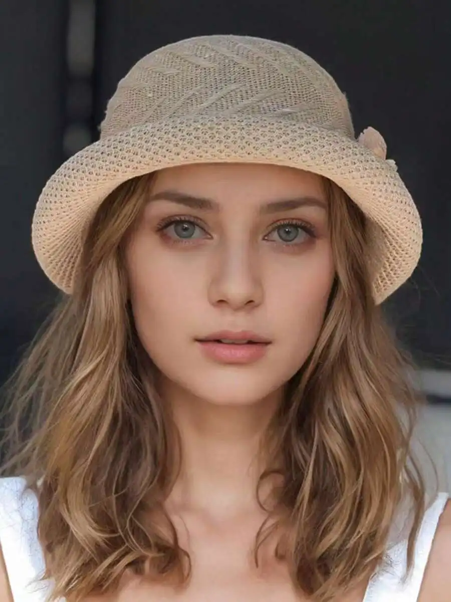 Women's Elegant Retro 3D Floral Decor Rolled Brim Straw Hat Lightweight Hollow Crochet Bucket Hat Sun Protection Hat