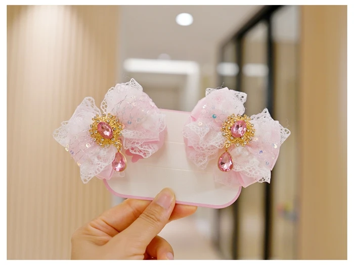 Girls Sweet Pink Lace Bow Hair Accessories Pearl Rhinestone Lolita Hair Ornaments Ancient Style Fairy Long Ribbon Hair Clips