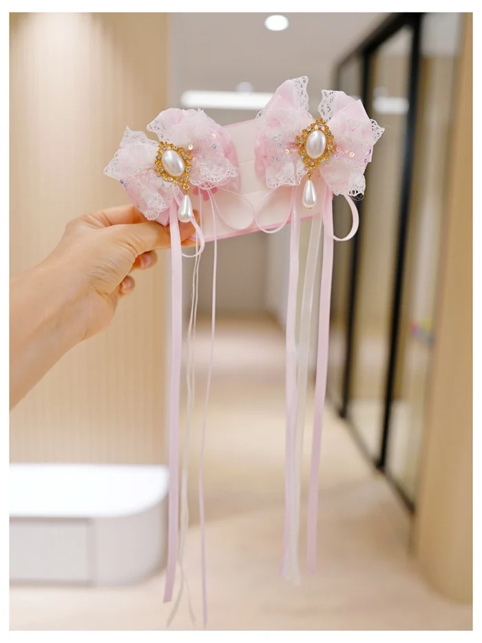 Girls Sweet Pink Lace Bow Hair Accessories Pearl Rhinestone Lolita Hair Ornaments Ancient Style Fairy Long Ribbon Hair Clips