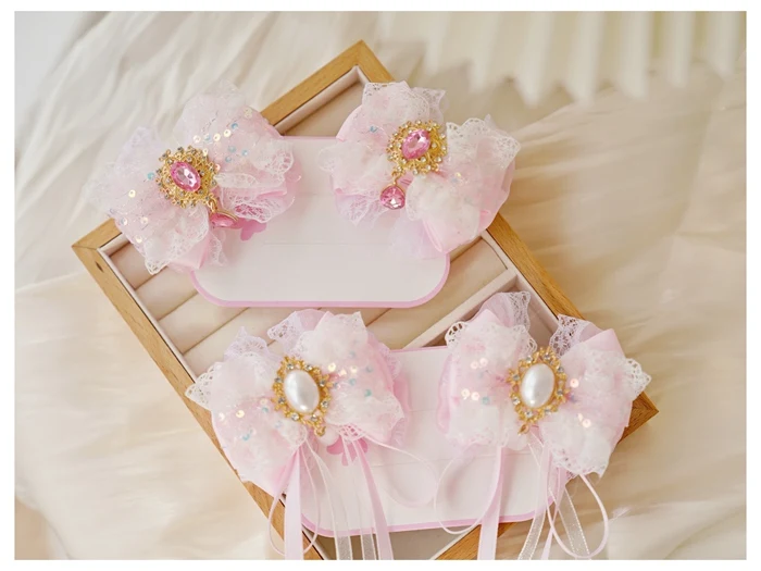 Girls Sweet Pink Lace Bow Hair Accessories Pearl Rhinestone Lolita Hair Ornaments Ancient Style Fairy Long Ribbon Hair Clips