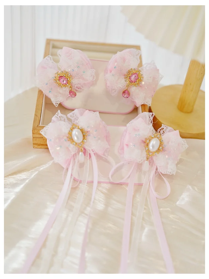 Girls Sweet Pink Lace Bow Hair Accessories Pearl Rhinestone Lolita Hair Ornaments Ancient Style Fairy Long Ribbon Hair Clips