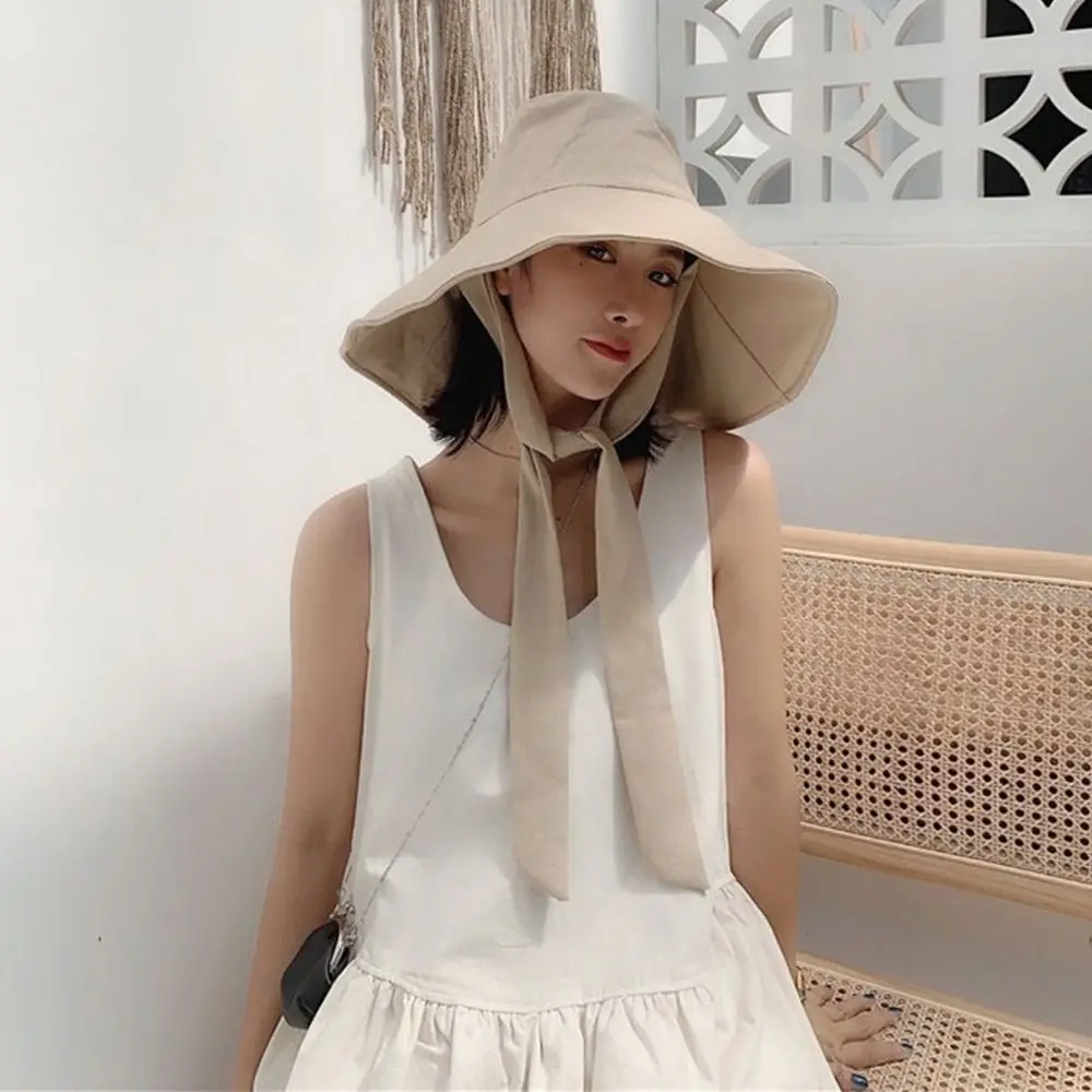 Fashion Tie Design Fisherman Hat Big Brim Foldable Sun Hat Cotton Linen Bucket Hat Outdoor Activities
