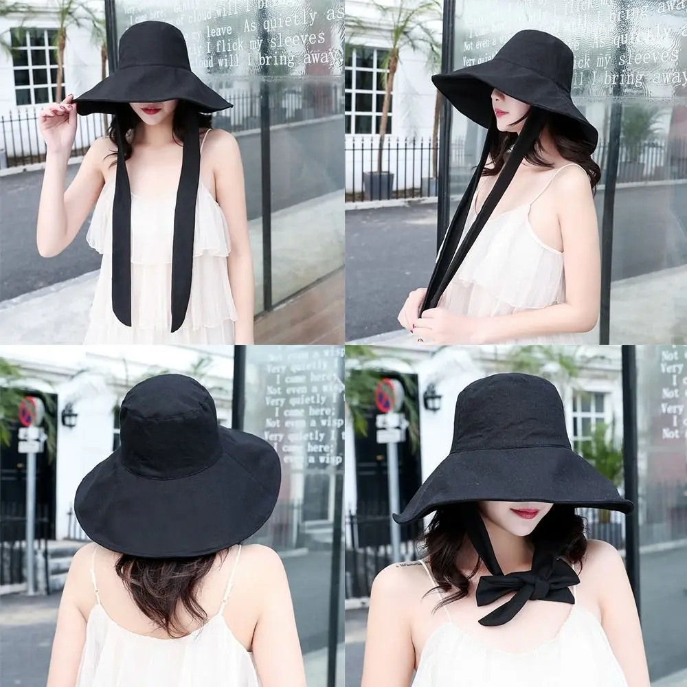 Fashion Tie Design Fisherman Hat Big Brim Foldable Sun Hat Cotton Linen Bucket Hat Outdoor Activities
