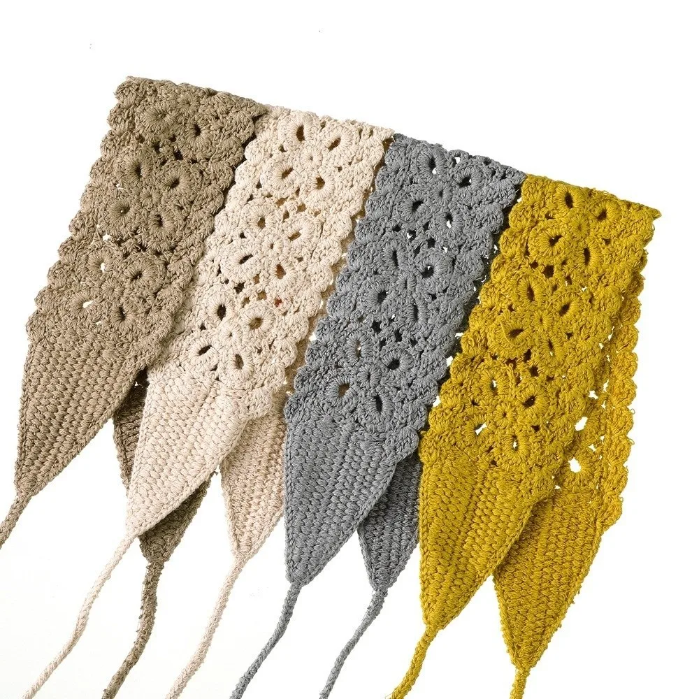 Boho Floral Headband Handmade Crochet Hair Scarf Solid Color Hollow Out Knit Hair Band