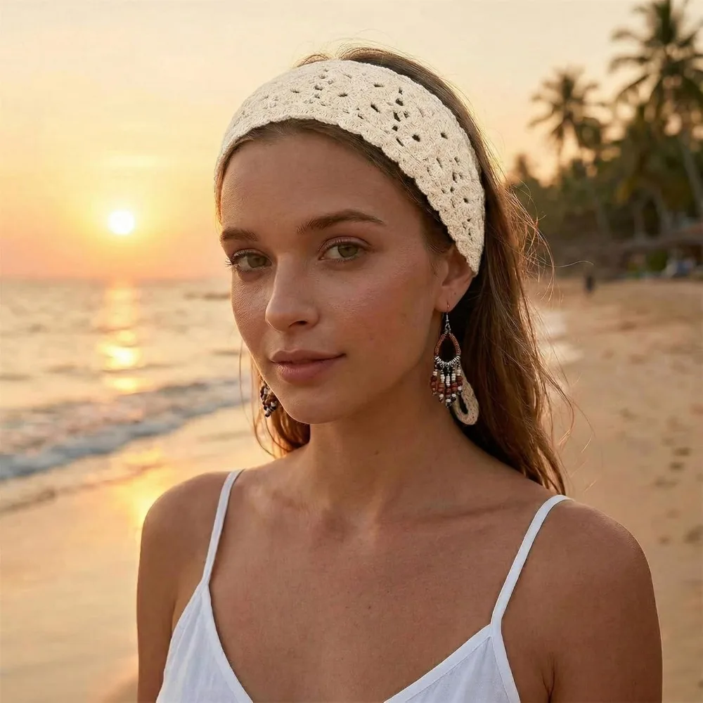 Boho Floral Headband Handmade Crochet Hair Scarf Solid Color Hollow Out Knit Hair Band