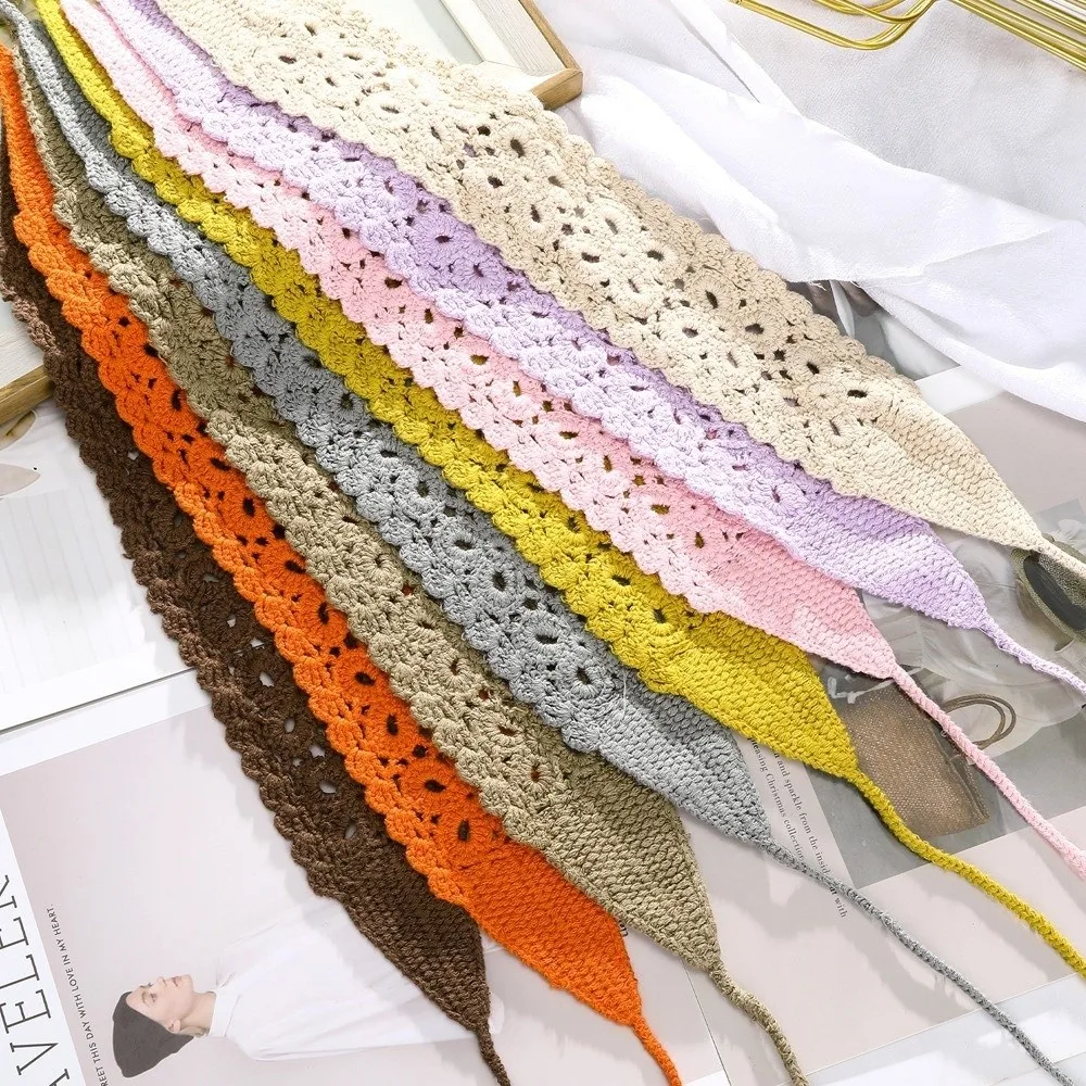 Boho Floral Headband Handmade Crochet Hair Scarf Solid Color Hollow Out Knit Hair Band