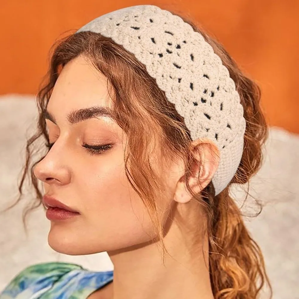 Boho Floral Headband Handmade Crochet Hair Scarf Solid Color Hollow Out Knit Hair Band