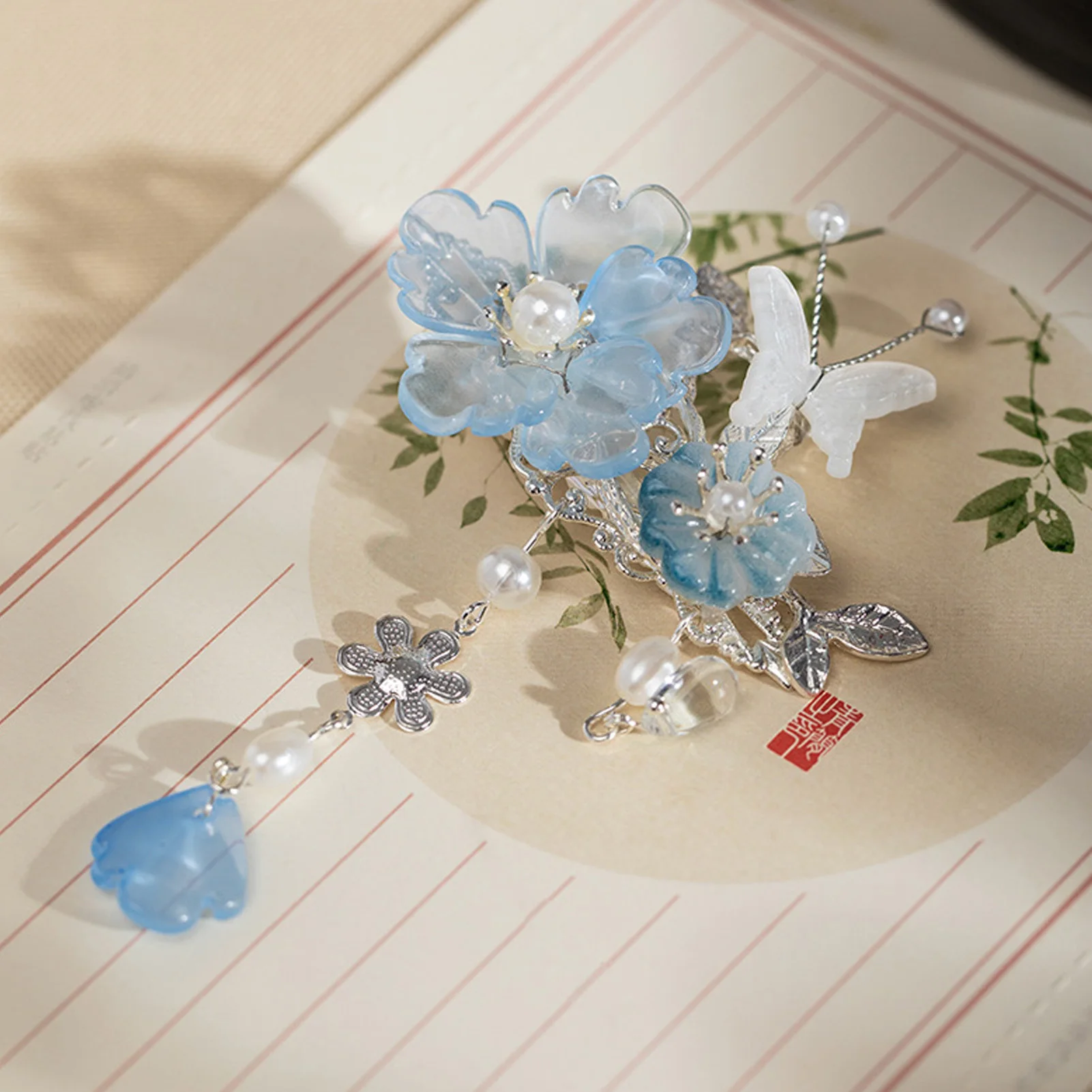 2pcs Romantic Blue Peony Hair Clips Vintage Hairpin Hair Accessories Flower Hanfu Headdress Tassel Pearl Barrettes Hair Jewelry