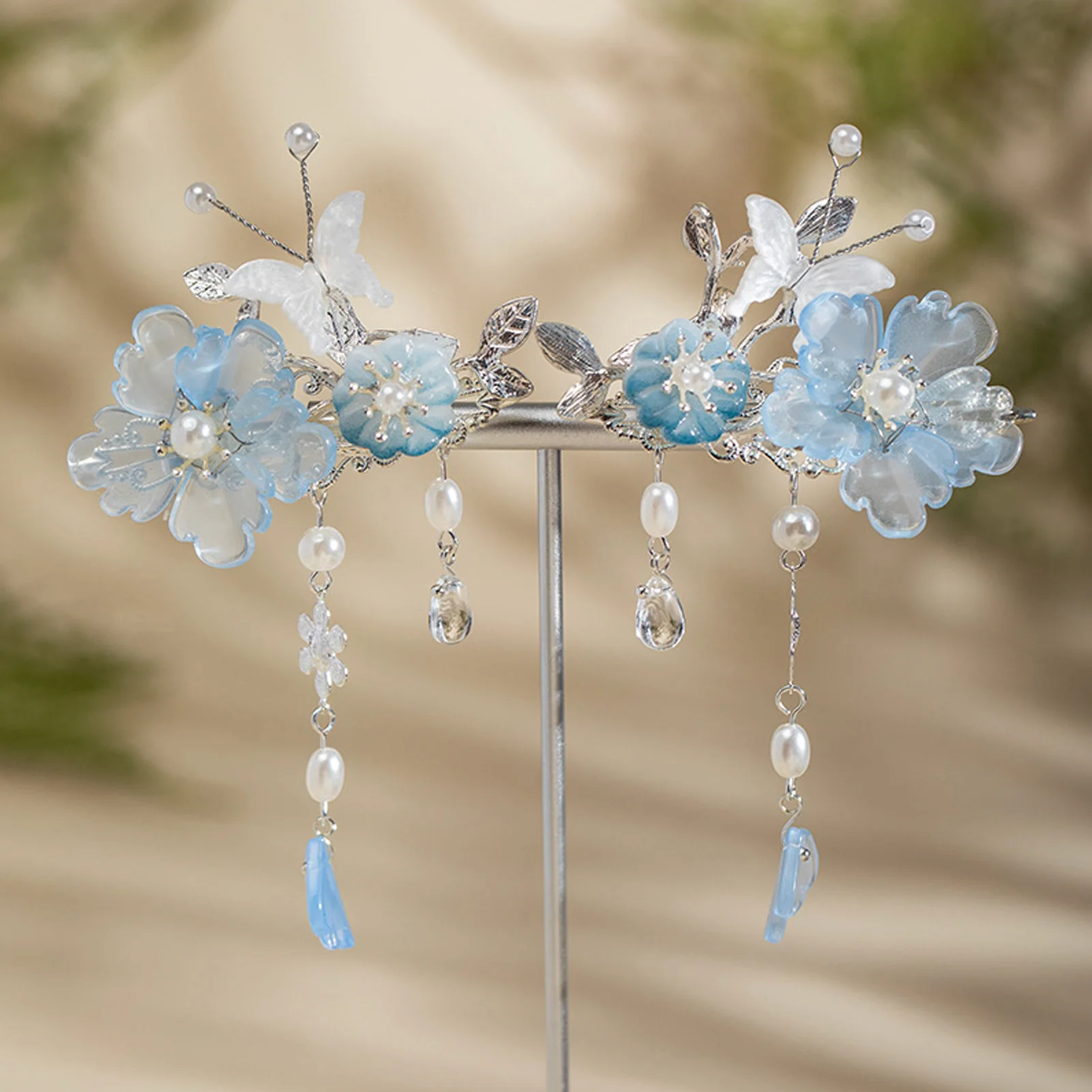 2pcs Romantic Blue Peony Hair Clips Vintage Hairpin Hair Accessories Flower Hanfu Headdress Tassel Pearl Barrettes Hair Jewelry