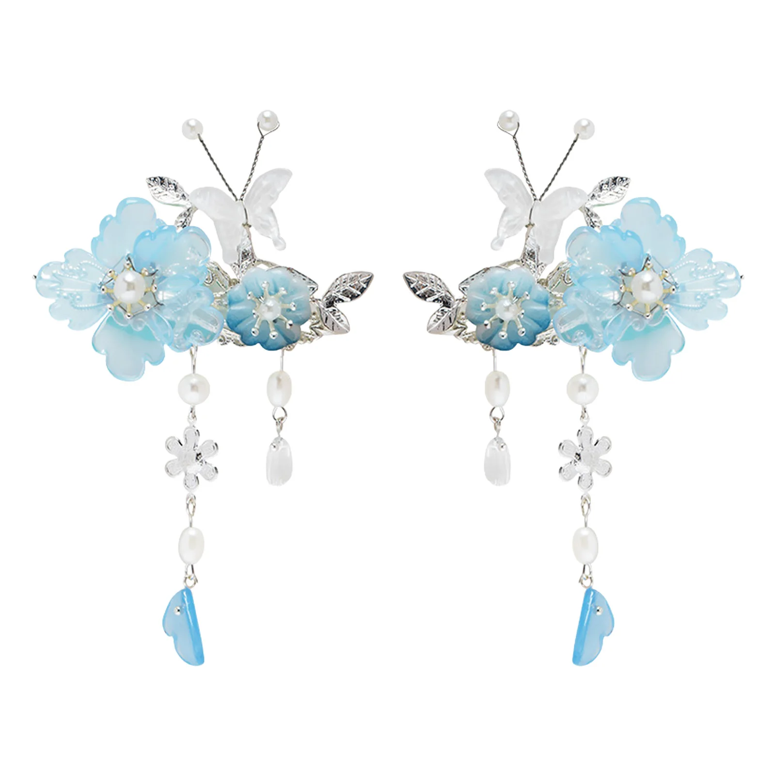 2pcs Romantic Blue Peony Hair Clips Vintage Hairpin Hair Accessories Flower Hanfu Headdress Tassel Pearl Barrettes Hair Jewelry