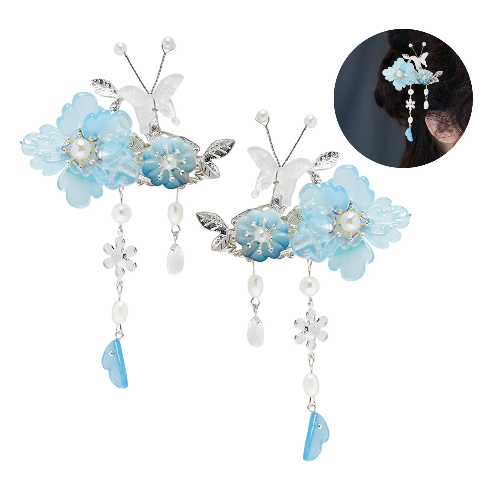 2pcs Romantic Blue Peony Hair Clips Vintage Hairpin Hair Accessories Flower Hanfu Headdress Tassel Pearl Barrettes Hair Jewelry