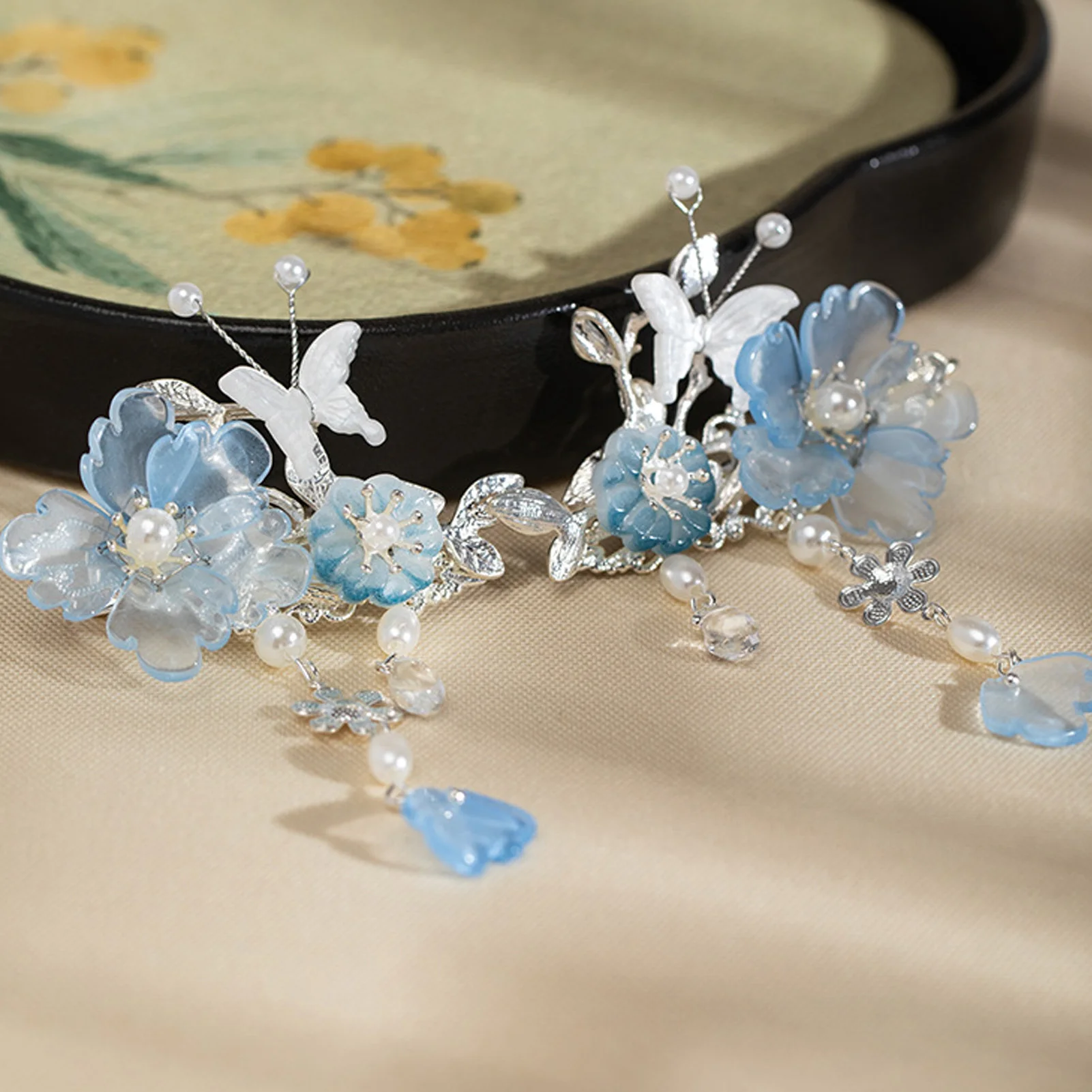 2pcs Romantic Blue Peony Hair Clips Vintage Hairpin Hair Accessories Flower Hanfu Headdress Tassel Pearl Barrettes Hair Jewelry