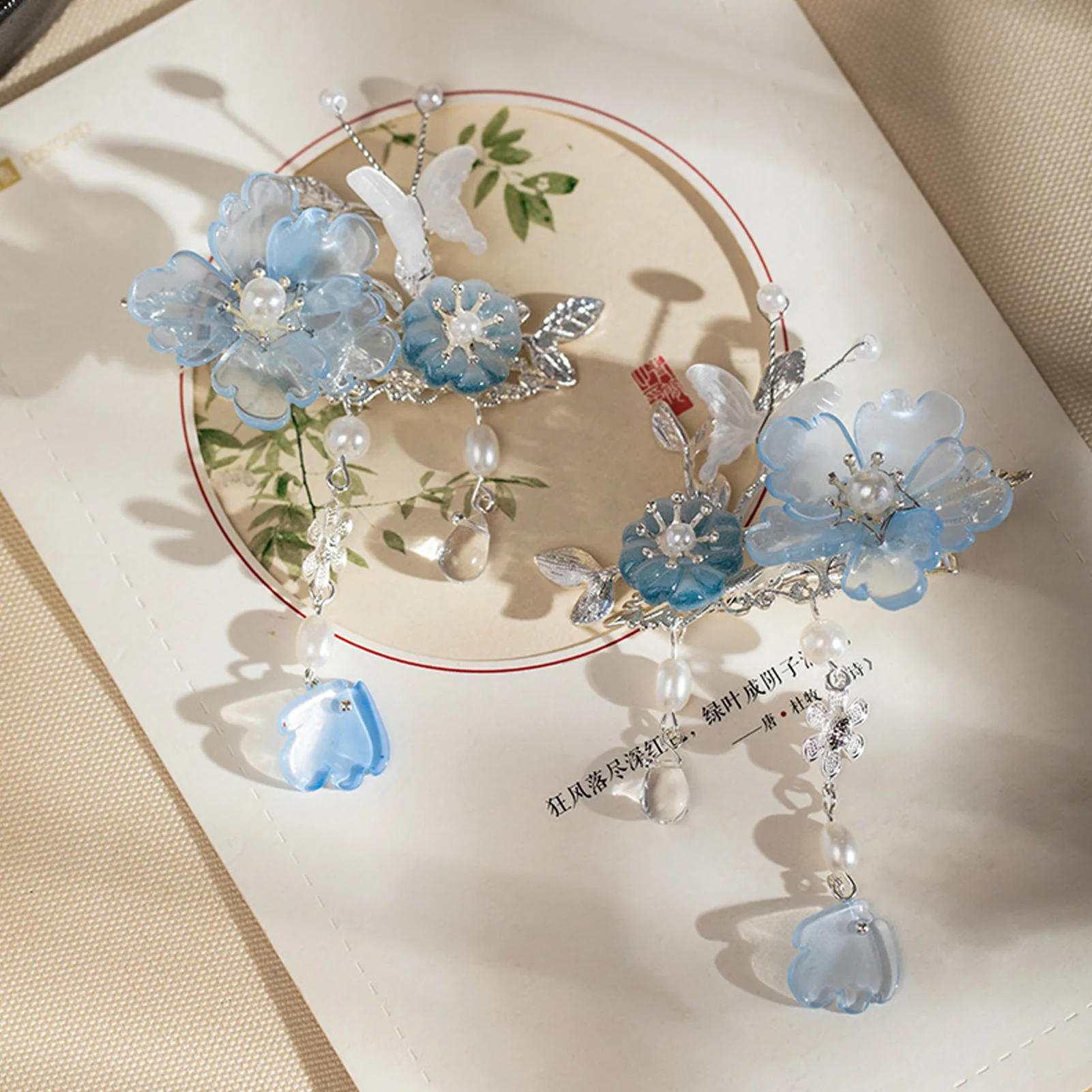 2pcs Romantic Blue Peony Hair Clips Vintage Hairpin Hair Accessories Flower Hanfu Headdress Tassel Pearl Barrettes Hair Jewelry